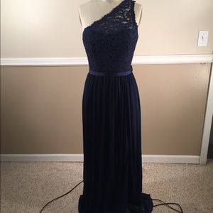 Davids bridal navy 1 shoulder BM dress